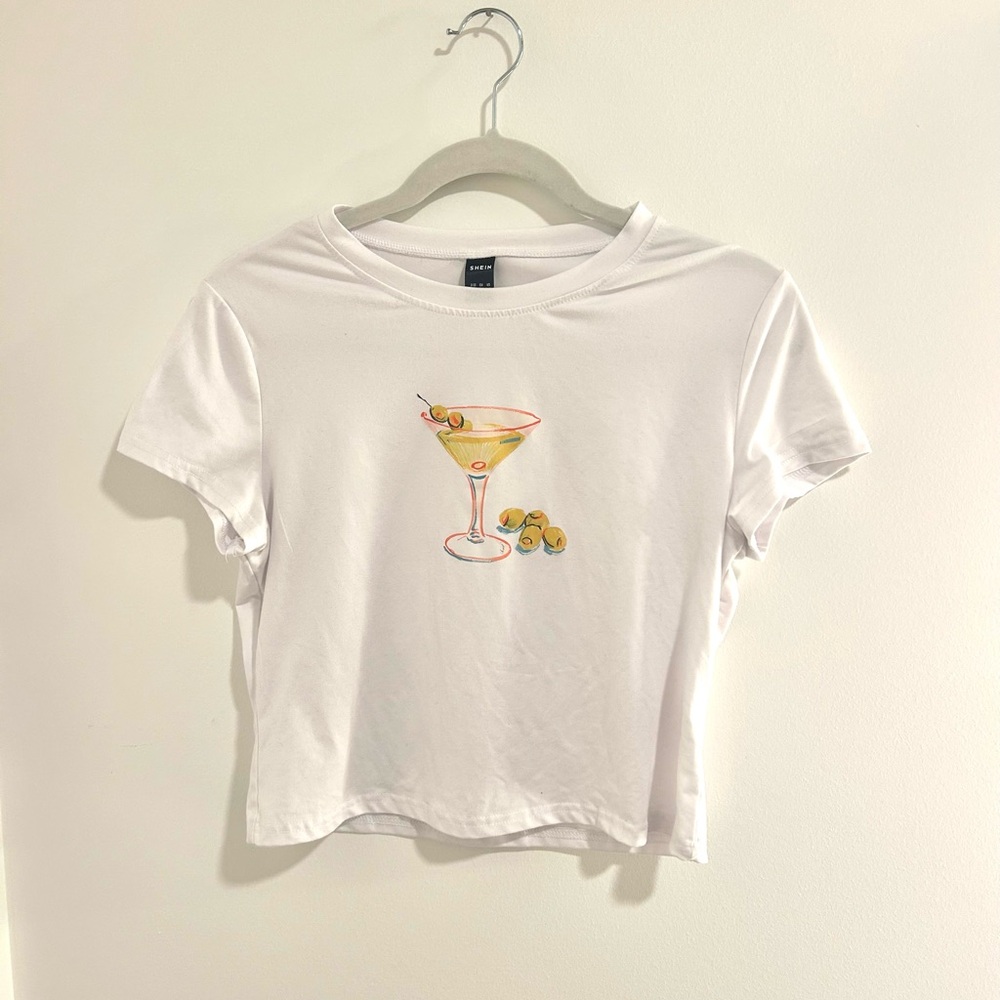 SHEIN White Tee with Martini Graphic